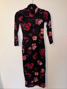 AFRM Black Lace Floral Turtleneck Midi Dress with Red & Pink Roses size XS